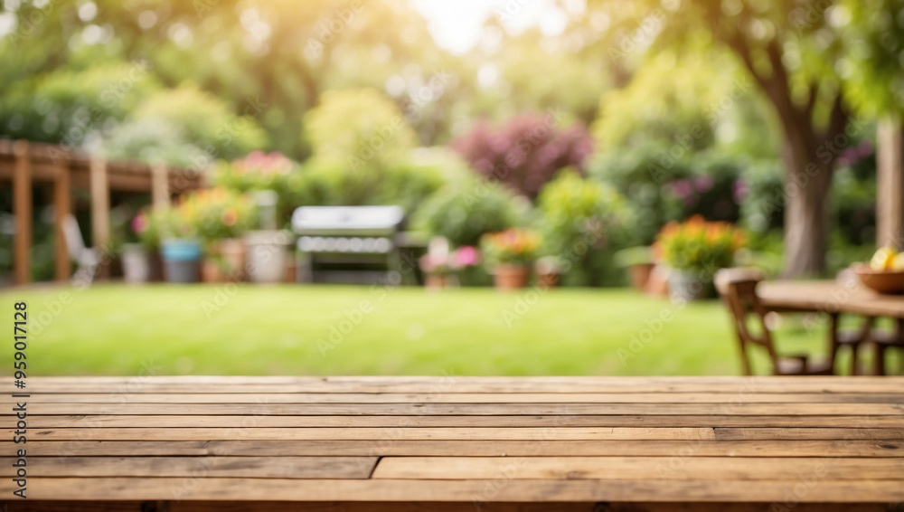 The empty wooden table top with blur background of garden with grill BBQ The empty wooden table top with blur background of garden with grill BBQ