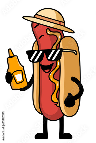 A cartoon vector illustration of a cute hotdog holding a mustard bottle.