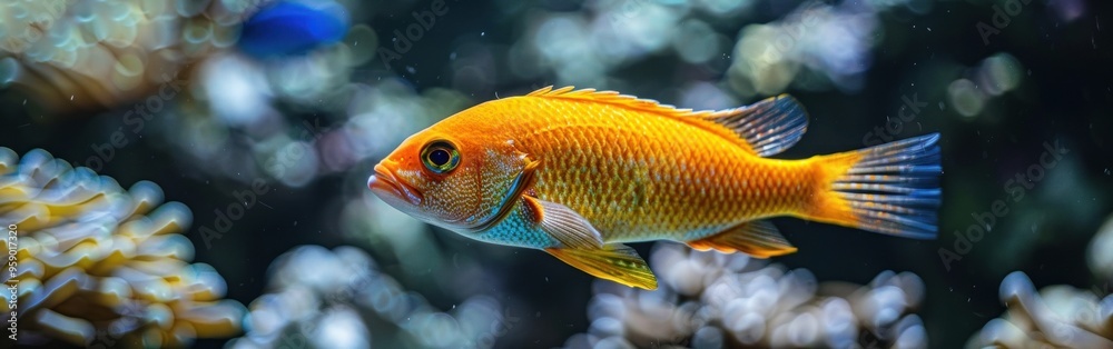 Fototapeta premium A single orange fish with blue markings swims through a vibrant coral reef