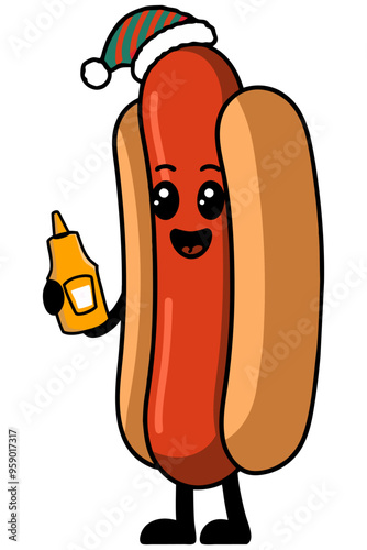 A cartoon vector illustration of a cute hotdog holding a mustard bottle.