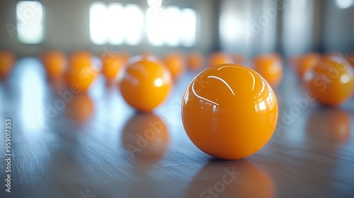 Vibrant Close-up Shot of Polished Orange Dodgeballs on Gym Floor - High-Quality 3D Rendering with Hyper-Realistic Detail photo