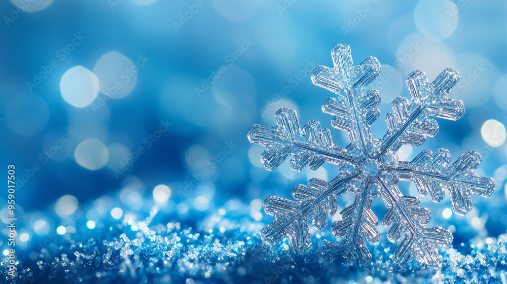 close-up of a sparkling snowflake resting on glittering snow, with a bright blue bokeh background, creating a serene and magical winter scene. close-up of a sparkling snowflake resting on glittering snow, with a bright blue bokeh background, creating a serene and magical winter scene.