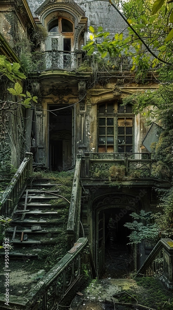 Overgrown, abandoned house with a front porch and staircase covered in moss and vines. Overgrown, abandoned house with a front porch and staircase covered in moss and vines.