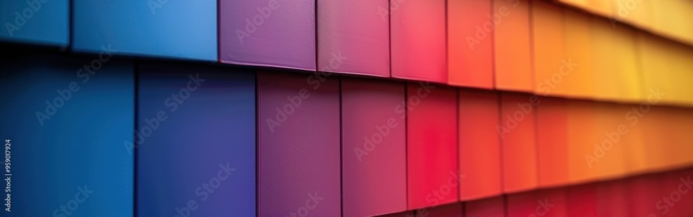A wall covered in square tiles, each painted a different shade of color, creating a gradient effect A wall covered in square tiles, each painted a different shade of color, creating a gradient effect