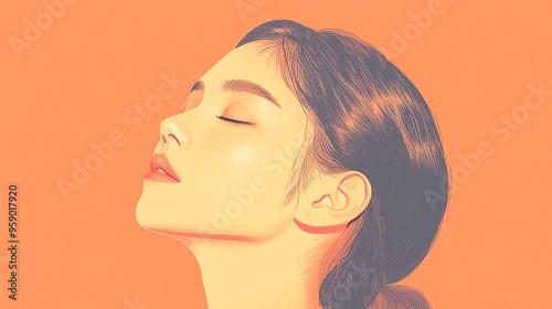 A serene portrait of a woman with closed eyes against a vibrant orange background, symbolizing peace and tranquility.