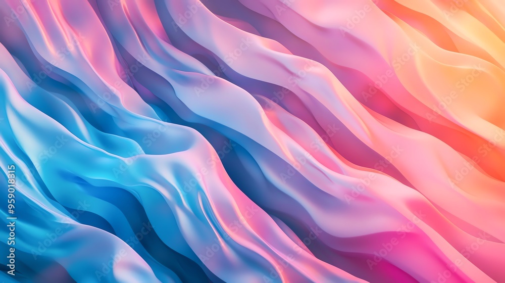 Obraz premium A vibrant abstract wave pattern featuring soft gradients of blue, pink, and orange, ideal for backgrounds or artistic designs.