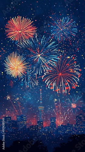 A bustling city skyline is illuminated by a spectacular display of fireworks, celebrating the incoming year '2025' with vibrant colors and stunning visuals. photo