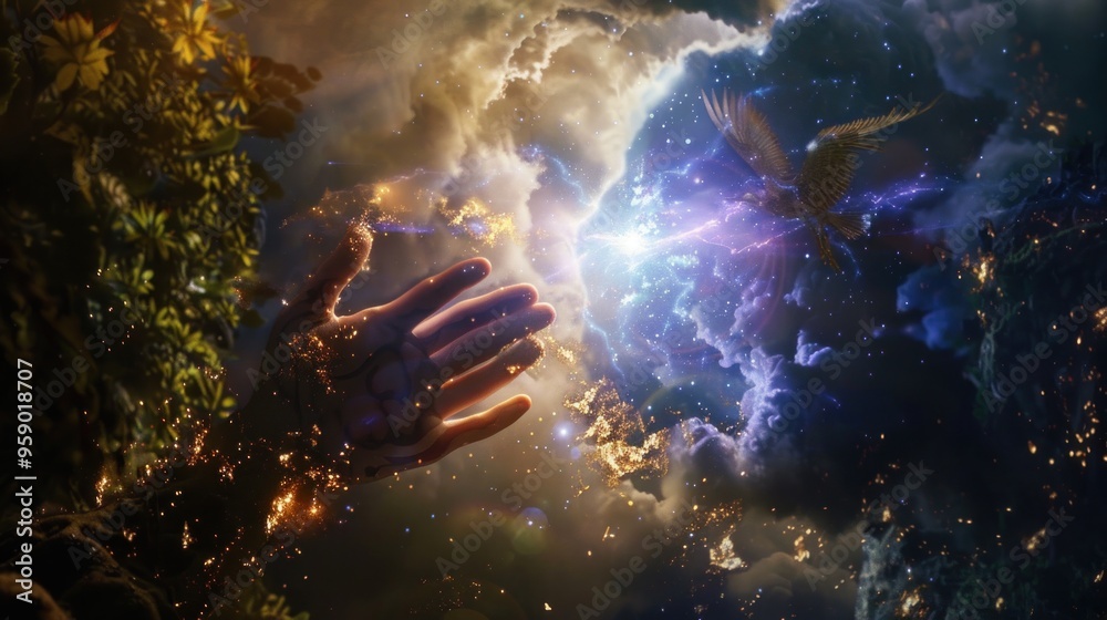 Dramatic Angelic Figure With Supernatural Power in Dark Sky Dramatic Angelic Figure With Supernatural Power in Dark Sky