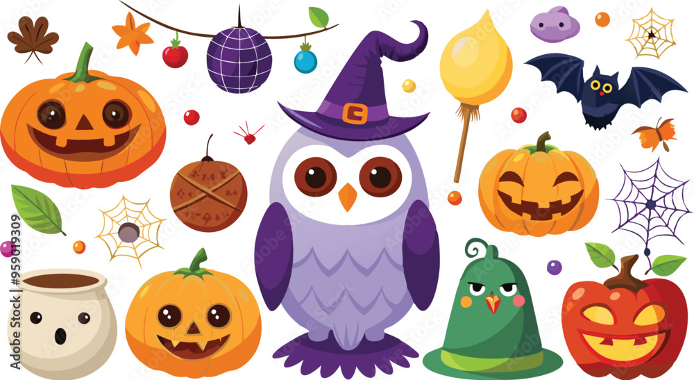 Fototapeta premium Cute Halloween holiday set - ghost, owl, pumpkin, star, candy, berry, branch, scary face, garland, witch hat, bat, moon, spider, web, jack o lantern isolated on white background. Vector illustration