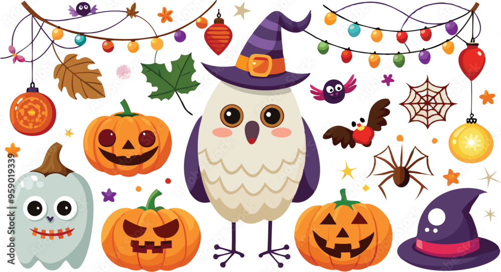 Naklejka premium Cute Halloween holiday set - ghost, owl, pumpkin, star, candy, berry, branch, scary face, garland, witch hat, bat, moon, spider, web, jack o lantern isolated on white background. Vector illustration