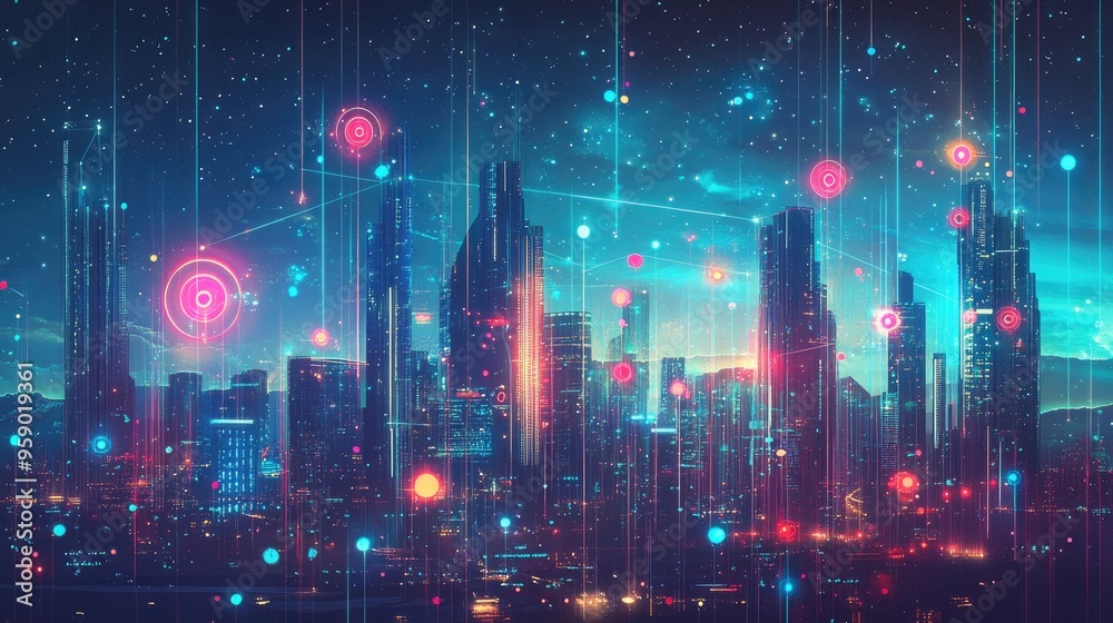 Obraz premium A vibrant, futuristic cityscape with glowing elements and a starry sky.