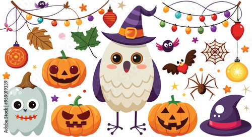 Cute Halloween holiday set - ghost, owl, pumpkin, star, candy, berry, branch, scary face, garland, witch hat, bat, moon, spider, web, jack o lantern isolated on white background. Vector illustration