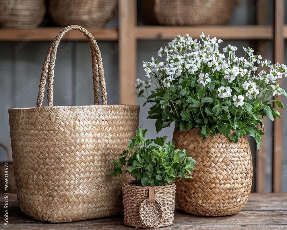 Wicker Baskets with White Flowers A Composition of Rustic Texture and Delicate Beauty on a Wooden Table Wicker Baskets with White Flowers A Composition of Rustic Texture and Delicate Beauty on a Wooden Table