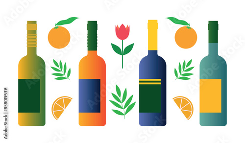 Set of abstract wine bottles and decorative elements. Vector illustration.