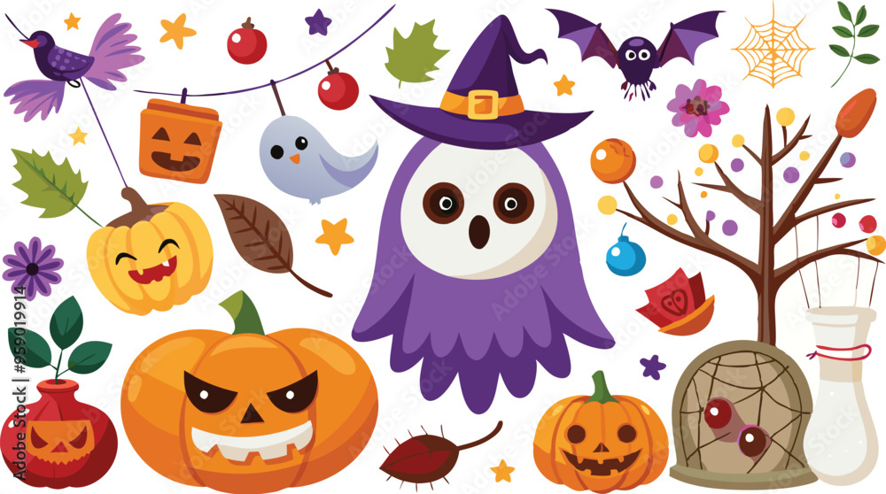 Naklejka premium Cute Halloween holiday set - ghost, owl, pumpkin, star, candy, berry, branch, scary face, garland, witch hat, bat, moon, spider, web, jack o lantern isolated on white background. Vector illustration