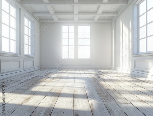 Sunlight Streaks Through Windows onto Whitewashed Wood Floor in Empty Room with Coffered Ceiling