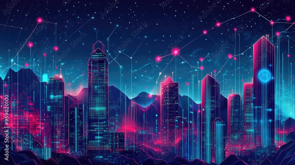 A vibrant, futuristic cityscape with neon lights and digital elements against a starry backdrop.