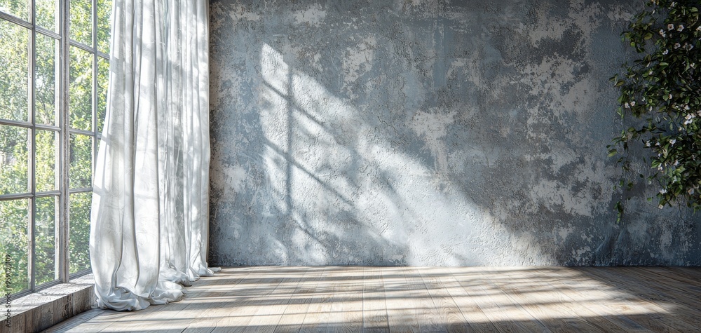 Sunlit Room with White Curtain and Textured Wall Perspective of a LightFilled Interior with Wooden Floor