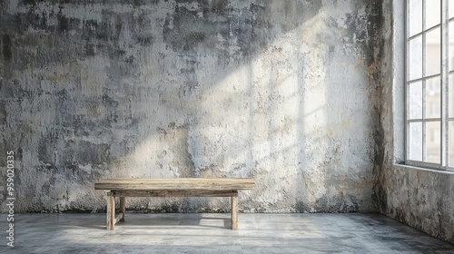 Rustic Wooden Bench in a Weathered Concrete Room with a Window