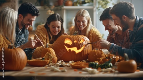 Pumpkin Carving Contest with Friends Laughing and Creating Unique Designs Under Dim Lights photo