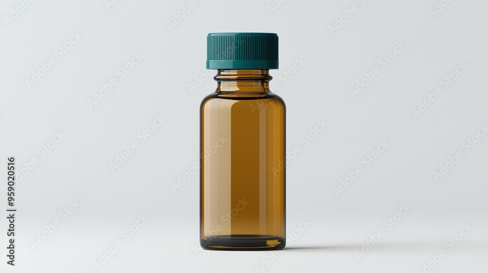 Teal Cap on Amber Bottle Minimalist Composition Isolated on White Background Teal Cap on Amber Bottle Minimalist Composition Isolated on White Background