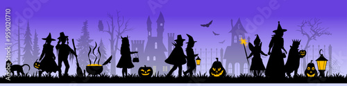 Children and family silhouettes on purple background with halloween objects. Happy Halloween. Vector illustration	
