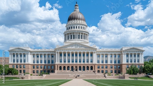 The closed state capital building stands majestically under a clear blue sky, surrounded by green grass and trees on a warm summer day