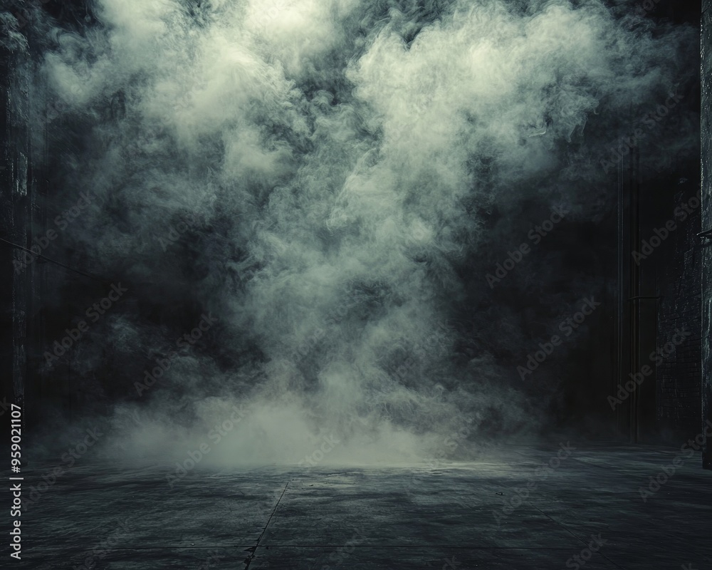 Low Angle Perspective of Dense Smoke Filling a Dark Industrial Space with Concrete Floor and Metallic Structure Details Low Angle Perspective of Dense Smoke Filling a Dark Industrial Space with Concrete Floor and Metallic Structure Details