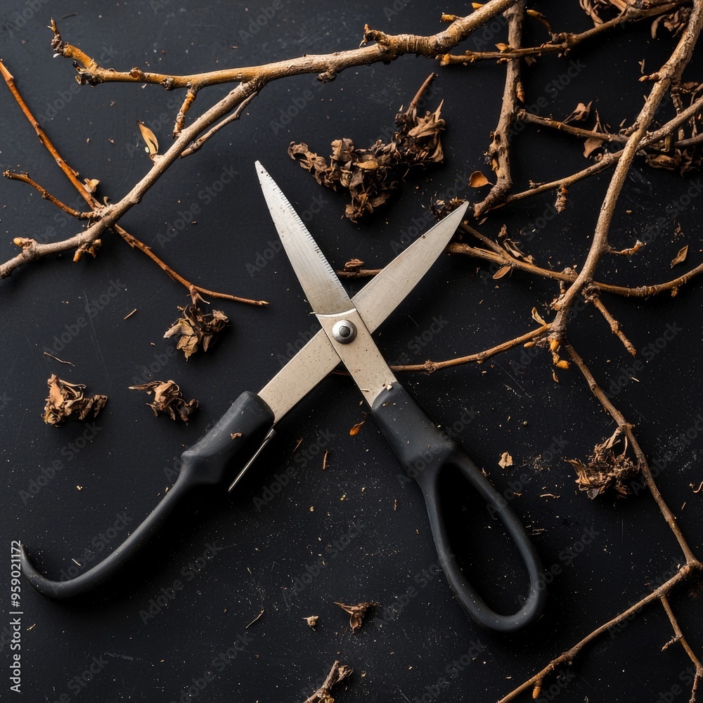 Obraz premium A pair of black handled shears lie crossed on a dark background, surrounded by dried twigs and leaves.