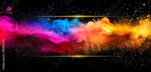 Golden Line Through Vibrant Ink Explosions on Black Background Abstract Art photo