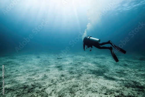 Underwater journey: diver descending, thrill of exploring beneath the surface, surrounded by coral reefs and aquatic life, adventure and tranquility of the diving experience