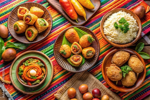 Vibrant arrangement of traditional Bolivian dishes, including papas rellenas, humitas, and salteñas, set against a colorful woven textile background, evoking cultural richness and culinary heritage. photo