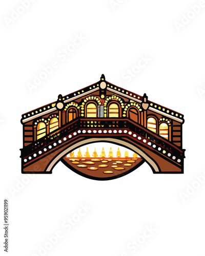 Editable stroke vector of a bridge in Venice decor.