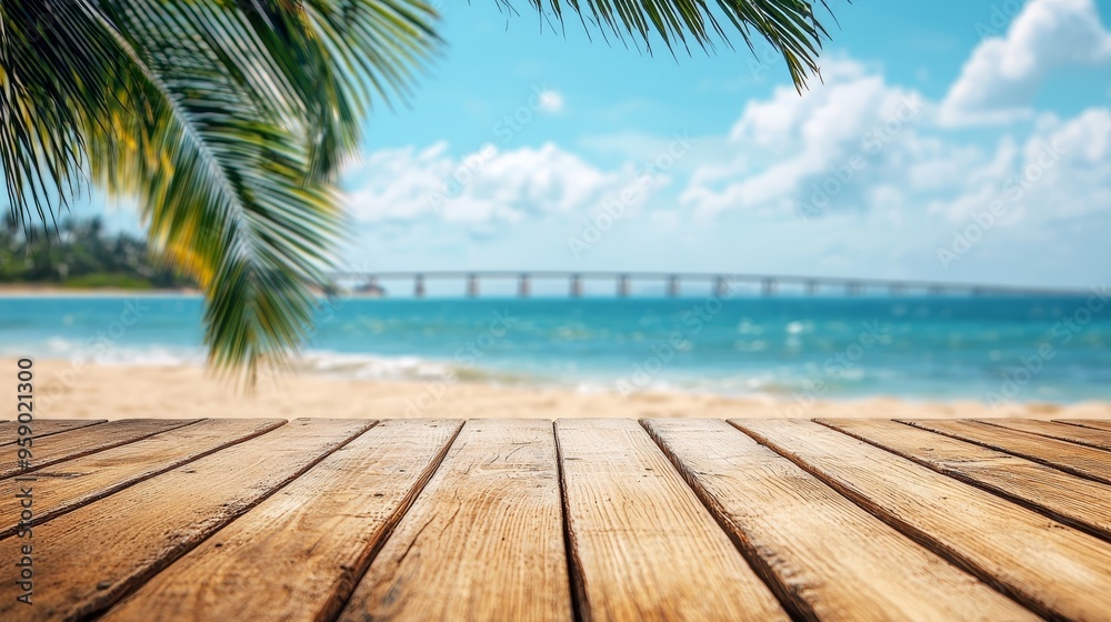 Palm Fronds Frame Rustic Wooden Deck Over Blurry Beach Bridge Summer Vacation Concept Palm Fronds Frame Rustic Wooden Deck Over Blurry Beach Bridge Summer Vacation Concept