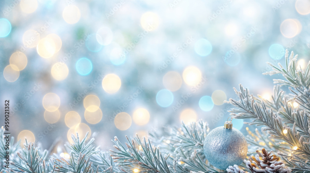 Closeup of a silver christmas bauble hanging on frosty fir branches with bokeh lights in the background Closeup of a silver christmas bauble hanging on frosty fir branches with bokeh lights in the background