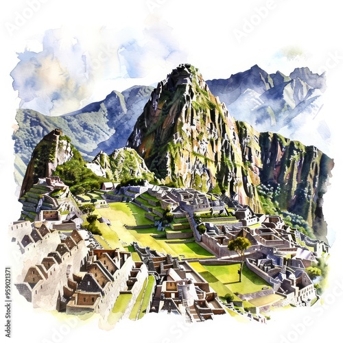 Watercolor illustration of Machu Picchu with beautiful mountain scenery, showcasing ancient ruins and lush greenery. photo