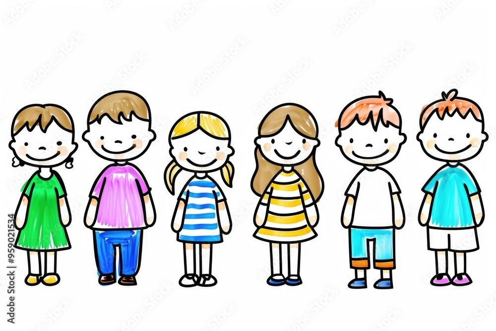 Childhood sketch of kids in different poses and clothing on a white background in a cartoon style for children's books. Childhood sketch of kids in different poses and clothing on a white background in a cartoon style for children's books.