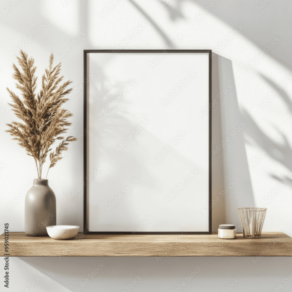 Square Empty Mock Up Poster Frame on Wooden Shelf in Modern Living Room Square Empty Mock Up Poster Frame on Wooden Shelf in Modern Living Room