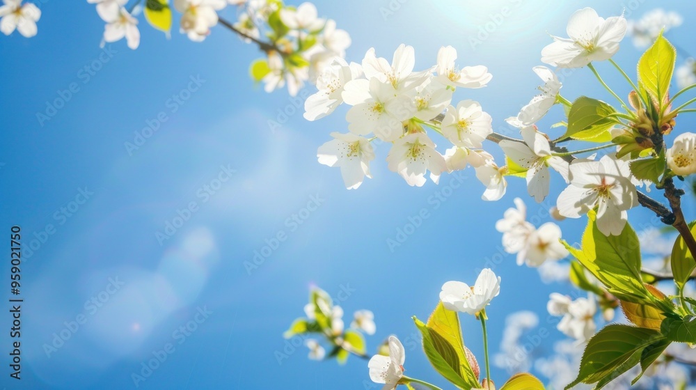 Blossoming Cherry Branches Under Sunny Blue Sky Blossoming Cherry Branches Under Sunny Blue Sky