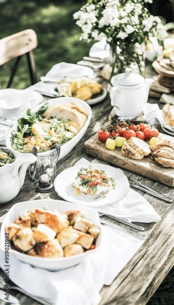 Young Mixed-Gender Group Enjoying Rustic Outdoor Dining with Sustainable Elegance at Daytime Garden Gathering Young Mixed-Gender Group Enjoying Rustic Outdoor Dining with Sustainable Elegance at Daytime Garden Gathering