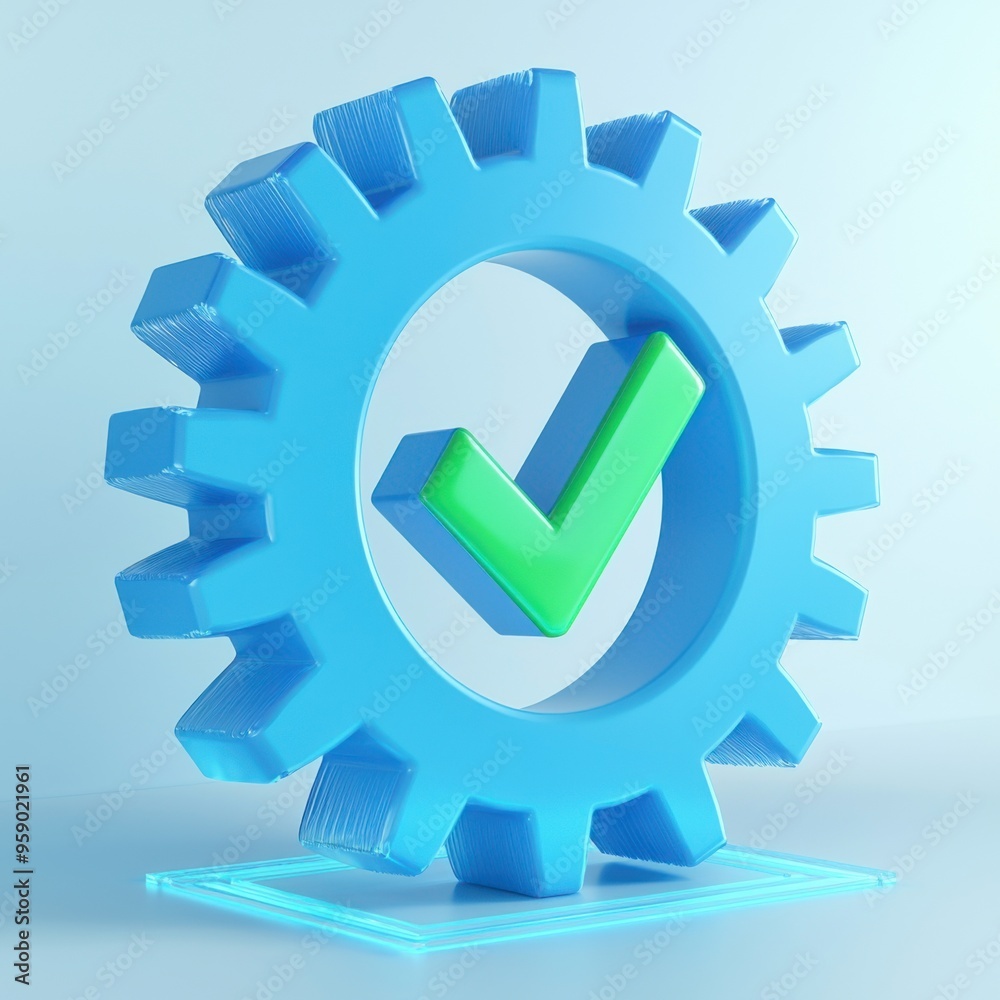 A blue gear symbol with a green checkmark, representing efficiency and validation in technology and industry. A blue gear symbol with a green checkmark, representing efficiency and validation in technology and industry.