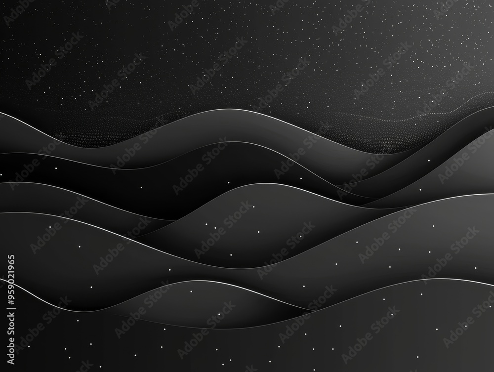 Abstract Black and White Paper Cut Waves with Scattered Stars Minimalist Layered 3D Illustration Abstract Black and White Paper Cut Waves with Scattered Stars Minimalist Layered 3D Illustration