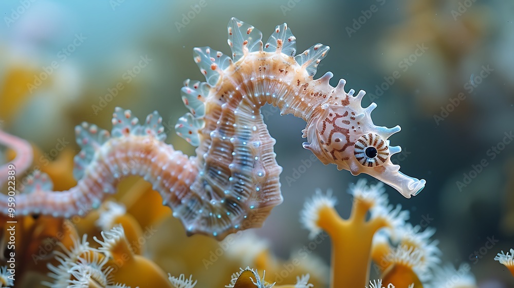 A small, pale seahorse with intricate patterns swims among colorful coral in a clear blue ocean. A small, pale seahorse with intricate patterns swims among colorful coral in a clear blue ocean.