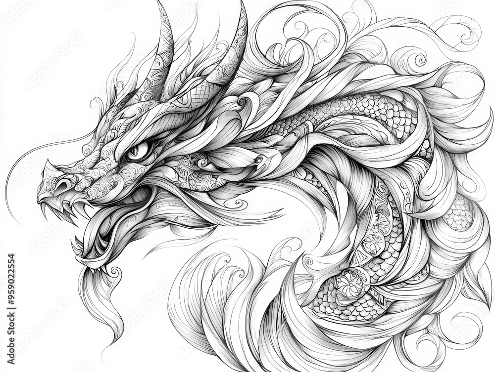 Intricate Dragon Head A Detailed Ink Illustration of a Powerful and Majestic Creature Rendered in Black and White with Ornate Details Tribal Intricate Dragon Head A Detailed Ink Illustration of a Powerful and Majestic Creature Rendered in Black and White with Ornate Details Tribal