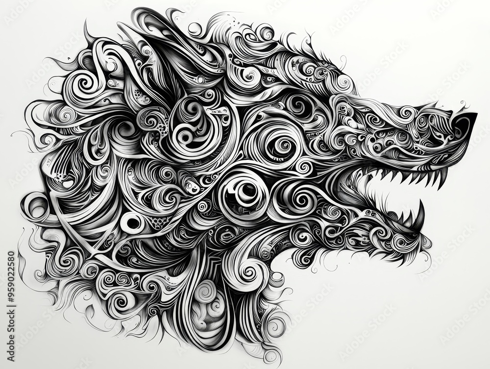 Fototapeta premium Wolfs Fury Monochrome Swirls in Side Profile Against White Background Intricate Detail Tribal
