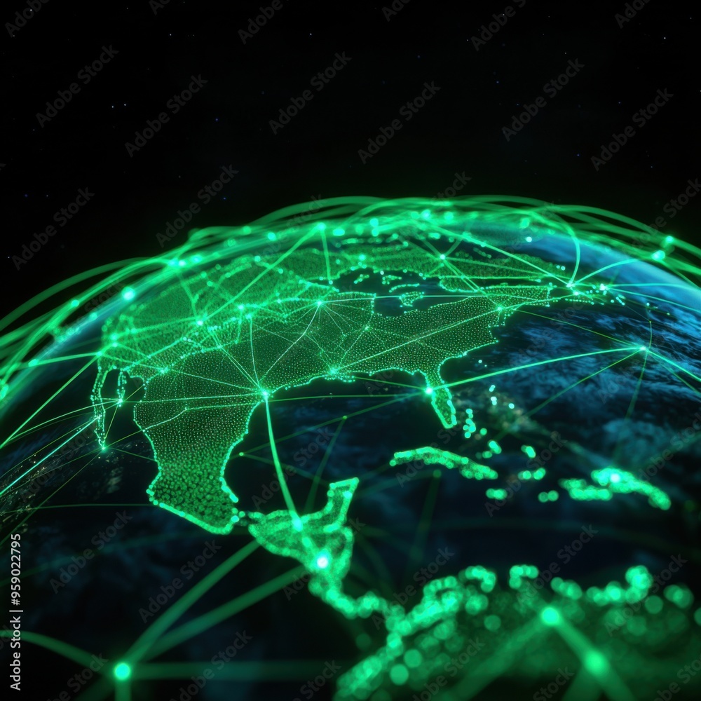 A glowing digital representation of Earth with a network of connections symbolizing global communication and technology. A glowing digital representation of Earth with a network of connections symbolizing global communication and technology.