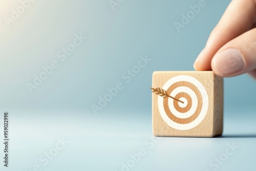 A hand placing a target cube with an arrow, symbolizing goal achievement and focus in business or personal development. photo