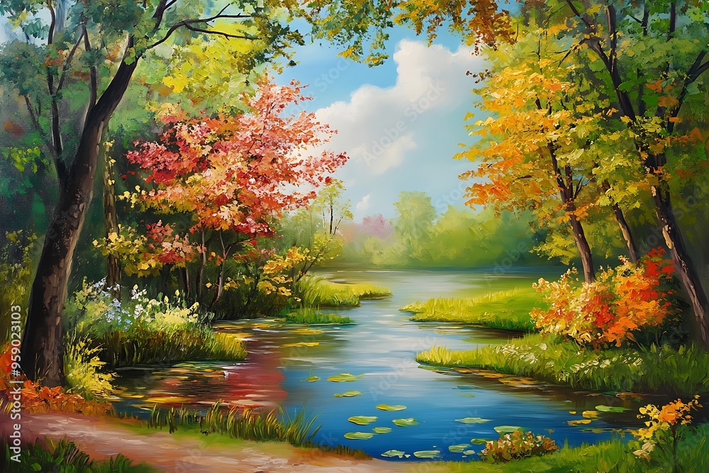 Autumnal Forest with Winding River and Lush Foliage Autumnal Forest with Winding River and Lush Foliage