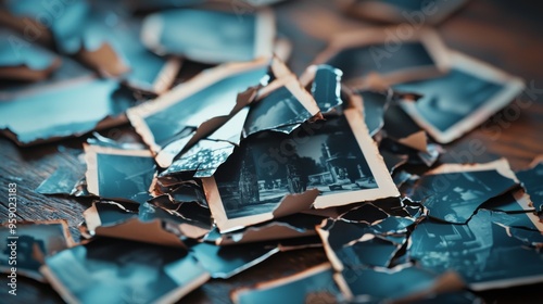 A pile of torn and faded old photographs on a wooden surface. The images are blurred and the paper is worn, evoking a sense of nostalgia and loss.