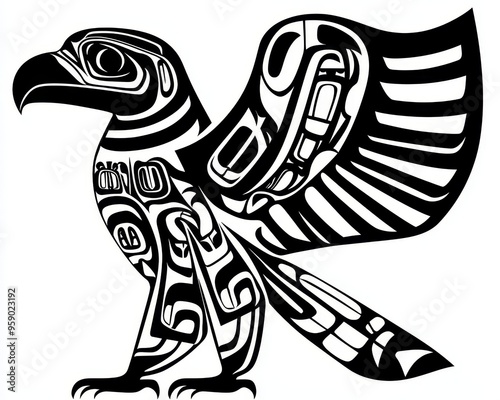 Black and White Eagle Side View Geometric Style Intricate Feathers Native American Art Tribal photo